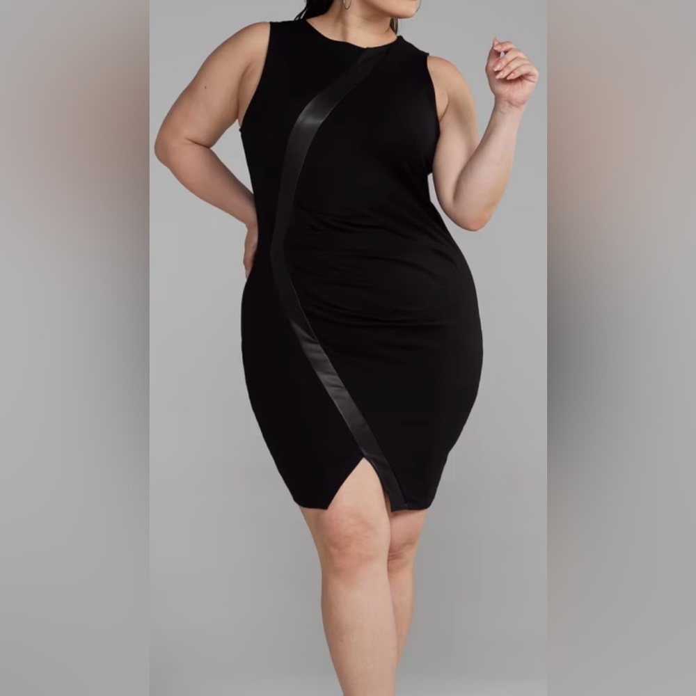 Faux Leather Detailed Ruched Ponte Knit Dress NWT